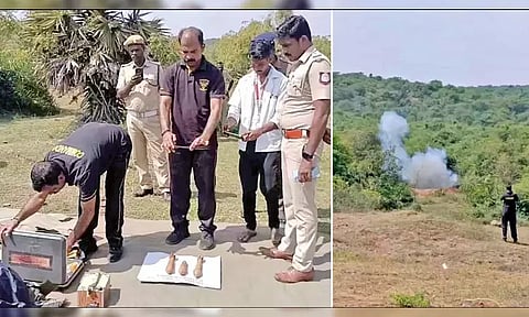 வனப்பகுதியில் கண்டெடுக்கப்பட்ட 3 ராக்கெட் லாஞ்சர்களை செயலிழக்க செய்த போலீசார் - பொதுமக்கள் நிம்மதி