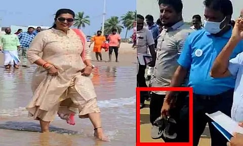 செருப்பை வைத்திருந்த ஊழியர்...! சர்ச்சையில் சிக்கிய மந்திரி ரோஜா.. !