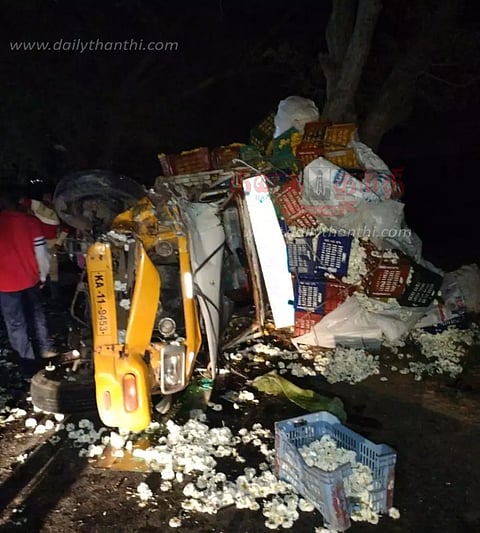 சரக்கு வாகனம் சாலையில் கவிழ்ந்தது