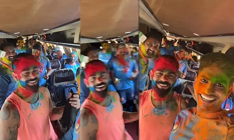 வண்ண பொடிகளை முகத்தில் வீசி பஸ்சில் ஹோலி கொண்டாடிய இந்திய கிரிக்கெட் வீரர்கள்...வைரல் வீடியோ...!