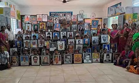 அரசு பள்ளியில் உலக அறிஞர்கள் உள்பட 70 பேர் படங்கள் திறப்பு