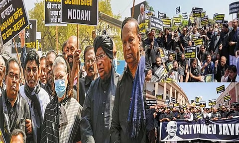 அதானி விவகாரம், ராகுல்காந்தி பதவி பறிப்புக்கு எதிராக எதிர்க்கட்சி எம்.பி.க்கள் கருப்பு உடையில் ஊர்வலம் - தர்ணா