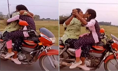 ஓடும் பைக்கில் முத்த சண்டை சாகசம் செய்த இளம்பெண்கள் வைரலாகும் வீடியோ...!