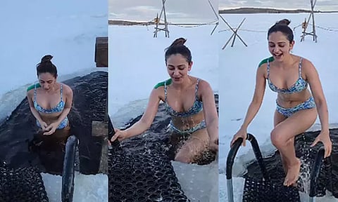 மைனஸ் 15 டிகிரி குளிரில், பனிநீரில் நடிகை ரகுல் பிரீத்சிங்... அதுவும் பிகினியில்