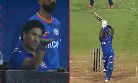 மிரட்டலான சிக்சர் அடித்த சூர்யகுமார்... வியப்புடன் பார்த்து ரசித்த சச்சின்..! வைரல் வீடியோ.!