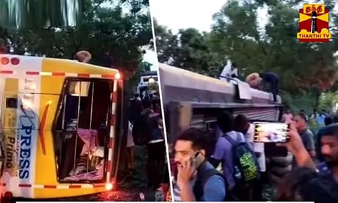 சென்னையில் சொகுசு பஸ் கவிழ்ந்து விபத்து - 10 பேர் காயம்