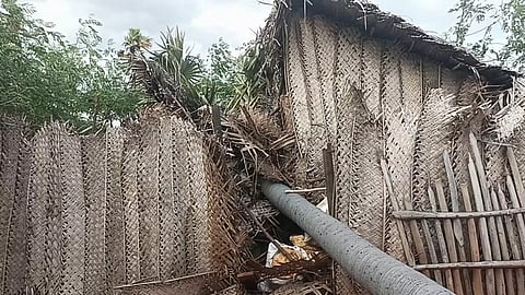 குடிசை வீட்டின் மீது மரம் விழுந்தது