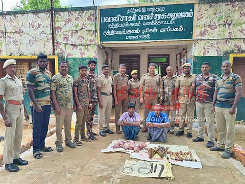 பவானிசாகர் வனப்பகுதியில் புள்ளிமான்களை வேட்டையாடிய 2 பேர் கைது