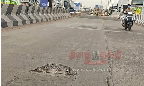 100 அடி சாலை மேம்பாலத்தில் மீண்டும் பள்ளம்