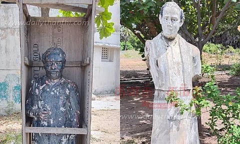 சேதமடைந்து காணப்படும் அண்ணா, ராஜீவ்காந்தி சிலைகள்