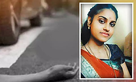 சென்னை அடையாறில் கோர விபத்து: லாரி மோதி கல்லூரி மாணவி தலை துண்டாகி பலி - கணவர் கண் எதிரே சோகம்