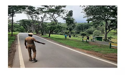 முதுமலையில் மாயாற்றின் கரையோரம் சென்ற சுற்றுலா பயணிகளை வன ஊழியர் ஒருவர் எச்சரித்த காட்சி. .
