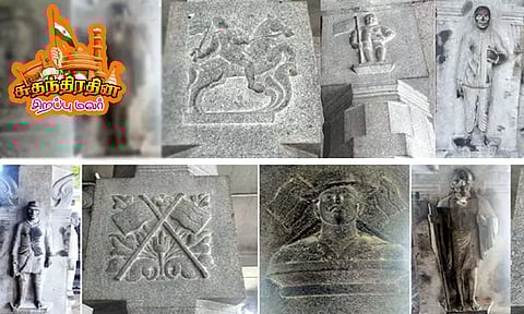 கோவில் தூணில் சுதந்திர வீரர்களின் சிற்பங்கள்