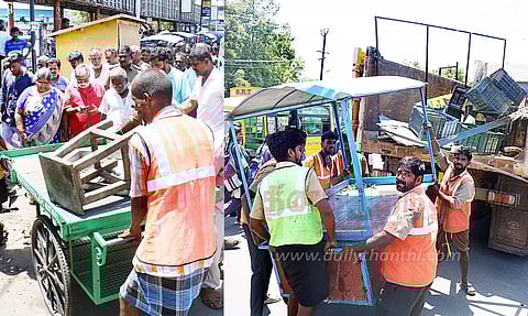 ஆக்கிரமிப்பு கடைகள், தள்ளுவண்டிகளை உடைத்து அகற்றிய மாநகராட்சி ஊழியர்கள்