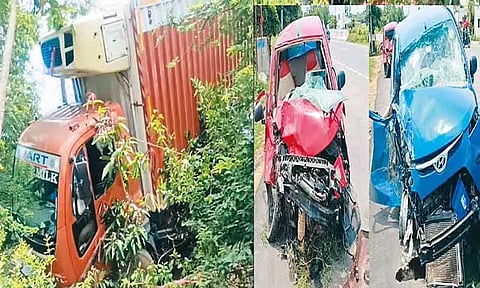 திருவள்ளூர் அருகே டேங்கர் லாரி டயர் வெடித்து கார்கள் மீது மோதல்; ஒரே குடும்பத்தைச் சேர்ந்த 9 பேர் படுகாயம்