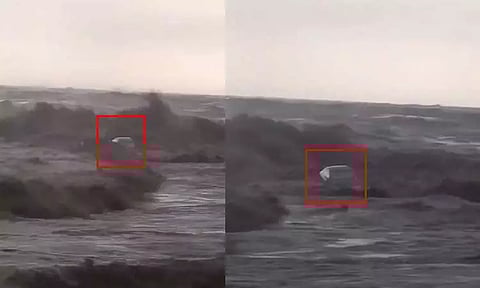கிரீஸ்: காரை கடலுக்குள் இழுத்து சென்ற சூறாவளி; வைரலான வீடியோ