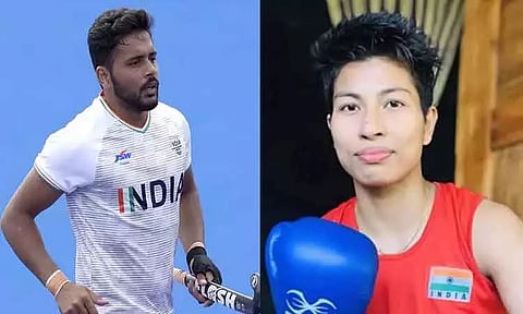 ஆசிய விளையாட்டு தொடக்க விழா அணிவகுப்பில் தேசிய கொடி ஏந்தி செல்லும் ஹர்மன்பிரீத் சிங், லவ்லினா