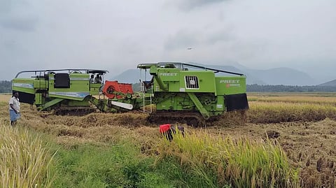 கம்பத்தில்முதல் போக நெல் அறுவடை பணி தொடக்கம்:கொள்முதல் நிலையம் அமைக்க விவசாயிகள் கோரிக்கை