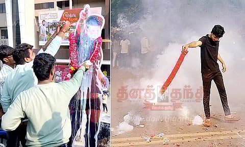 லியோ திரைப்படம் வெளியீடு; விஜய் ரசிகர்கள் நடனமாடி, பட்டாசு வெடித்து கொண்டாட்டம்