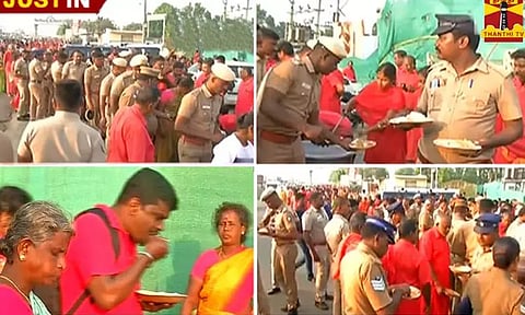 பங்காரு அடிகளார் மறைவு: அஞ்சலி செலுத்த வரும் பக்தர்கள், பாதுகாப்பு பணியில் ஈடுபடும் காவலர்களுக்கு அன்னதானம்