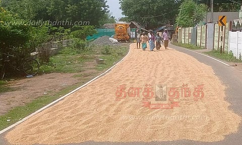 அறுவடை செய்த நெல்லை காய வைக்கும் பணி தீவிரம்