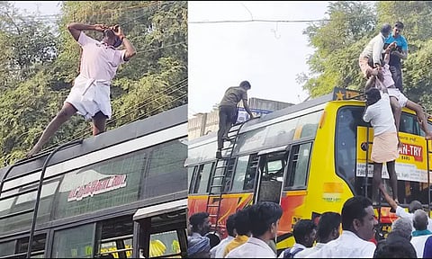 பஸ்சின் மேற்கூரையில் ஏறி மின்வயரை கடித்த வாலிபர்.. பயணிகள் பீதி
