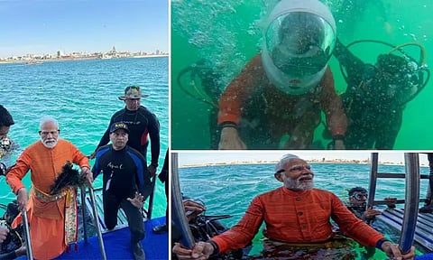 கடலுக்கு அடியில் நீரில் மூழ்கிய துவாரகா நகரை பார்வையிட்டு பிரார்த்தனை செய்த பிரதமர் மோடி