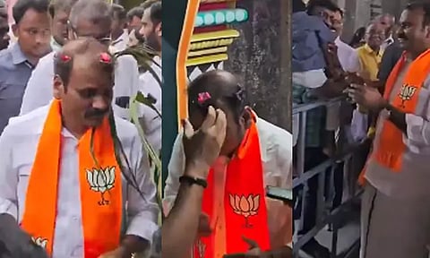 தேர்தல் விதி மீறல்? - கட்சி சின்னம் பொறித்த துண்டுடன் மதவழிபாட்டுத்தலத்திற்கு சென்ற பா.ஜ.க. வேட்பாளர் எல்.முருகன்