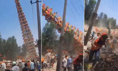 120 அடி உயர தேர் சாய்ந்து விழுந்து விபத்து: பக்தர்கள் அதிர்ச்சி - வீடியோ வைரல்