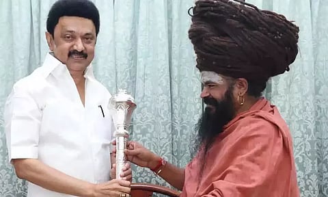 முதல்-அமைச்சர் மு.க.ஸ்டாலினுக்கு செங்கோல் வழங்கிய தருமபுரம் ஆதீனம்