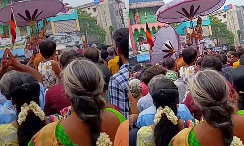 காஞ்சிபுரம் வரதராஜ பெருமாள் கருட சேவை உற்சவத்தில் தவறி கீழே விழுந்த குடை - பக்தர்கள் கலக்கம்