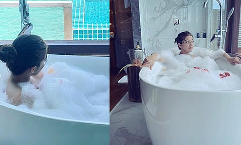 குளியலறை தொட்டியில் அரை நிர்வாண கோலத்தில் பிரணிதா: ரசிகர்கள் எதிர்ப்பு