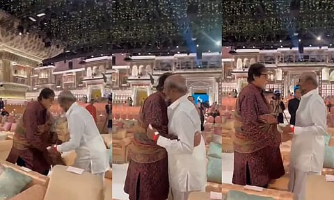 அம்பானி இல்ல திருமண விழா: அமிதாப் பச்சன் காலில் விழுந்து ஆசி பெற்ற ரஜினிகாந்த்