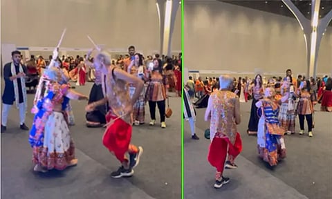 தாண்டியா நடனத்தில் கலக்கும் வயது முதிர்ந்த ஜோடி; வைரலாகும் வீடியோ