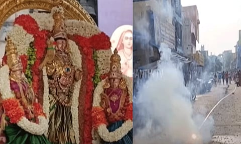 தீபாவளியை முன்னிட்டு 50 ஆயிரம் சரவெடி வெடிக்க வீதி உலா வந்த காஞ்சி காமாட்சி அம்மன்