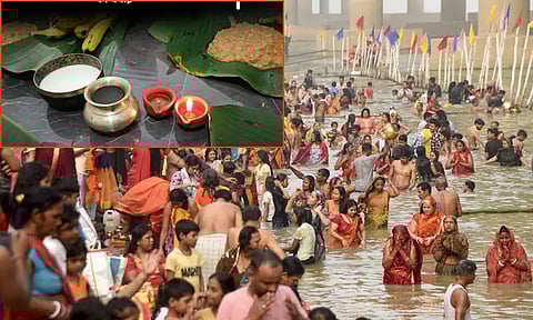 சாத் பூஜை 2-ம் நாள்.. நாள் முழுவதும் உபவாசம் இருந்து சூரிய பகவானை வணங்கும் பக்தர்கள்