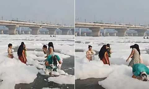 யமுனை ஆற்றில் மிதக்கும் நச்சு நுரை; ஷாம்பூ போல் தலைக்கு தேய்த்து குளிக்கும் பெண்கள்