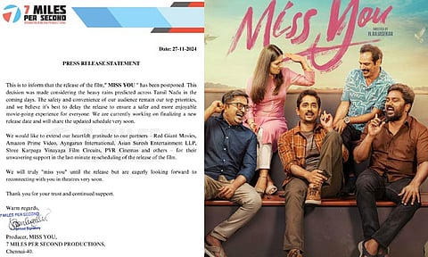 பெங்கல் புயல் காரணமாக 'மிஸ் யூ' படத்தின் ரிலீஸ் ஒத்திவைப்பு