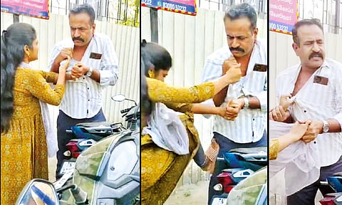 பள்ளி மாணவிக்கு பாலியல் தொல்லை: உதவி ஜெயிலரை நடுரோட்டில் சரமாரியாக தாக்கிய இளம்பெண்