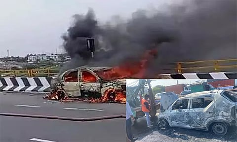 திடீரென தீப்பற்றிய கார்... துரிதமாக செயல்பட்ட போலீசார்