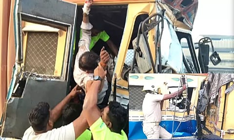 கும்மிடிப்பூண்டி: நிலக்கரி லாரி மீது மோதல்...உள்ளேயே சிக்கி தவித்த கண்டெய்னர் ஓட்டுநர் - வீடியோ