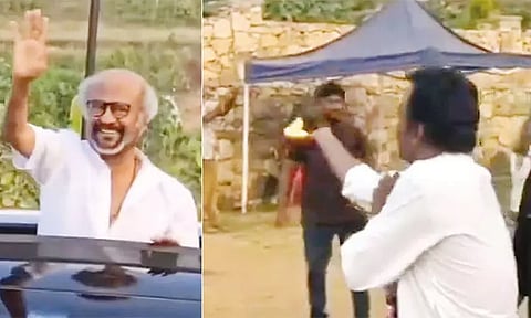 நடிகர் ரஜினிகாந்தை பார்த்ததும் கையில் கற்பூரம் ஏற்றிய ரசிகர்