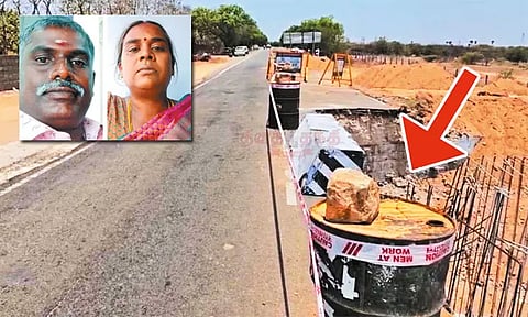 சாலை பள்ளத்தில் விழுந்து தம்பதி பலி - 4 பேர் மீது வழக்கு