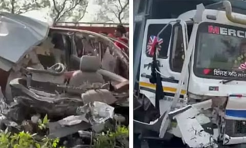 கார் மீது லாரி மோதி விபத்து; பள்ளிக்குழந்தைகள் உள்பட 7 பேர் பலி