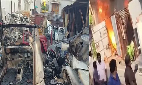 தேனி: பழைய கார் உடைக்கும் குடோனில் திடீர் தீ விபத்து