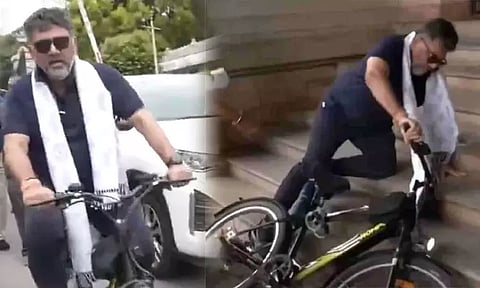 சைக்கிளில் இருந்து தவறி கீழே விழுந்த கர்நாடக துணை முதல்-மந்திரி டி.கே.சிவகுமார்