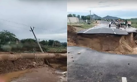 புதிய சாலை திறப்பதற்கு முன்பே அடித்து சென்ற வெள்ளம் - பயங்கர காட்சி