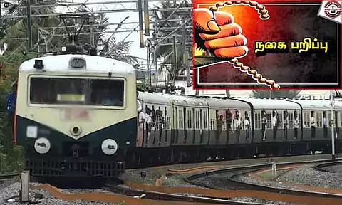 மின்சார ரெயிலில் பயணித்த பெண்ணை மிரட்டி 10 பவுன் நகை பறிப்பு