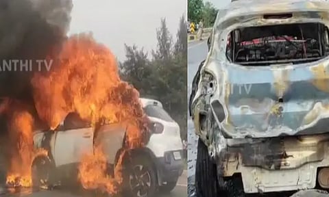 தீப்பற்றி எரிந்த கார்: விழுப்புரம் - சென்னை தேசிய நெடுஞ்சாலையில் பரபரப்பு