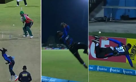 சிக்சருக்கு பறந்த பந்து... அந்தரத்தில் பாய்ந்து அற்புதமாக தடுத்த பேபியன் ஆலன்.. வீடியோ வைரல்